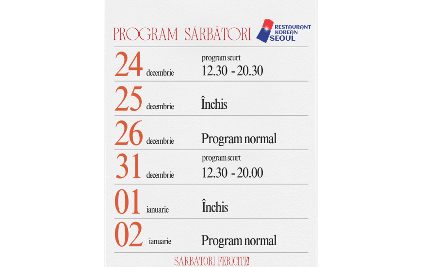 Program de Sărbători – Restaurant Korean Seoul