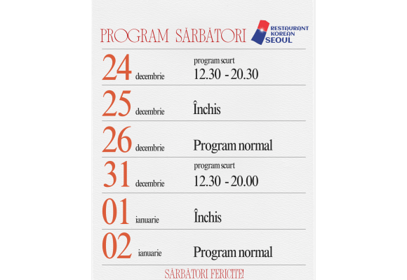 Program de Sărbători – Restaurant Korean Seoul